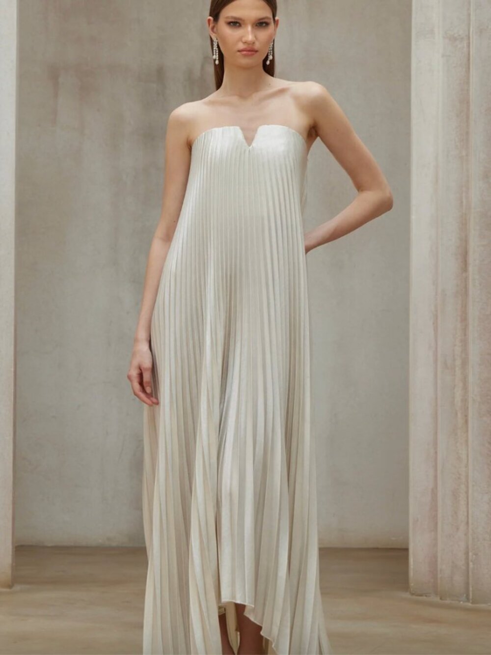 Satiné Gold Fully-pleated Maxi Dress